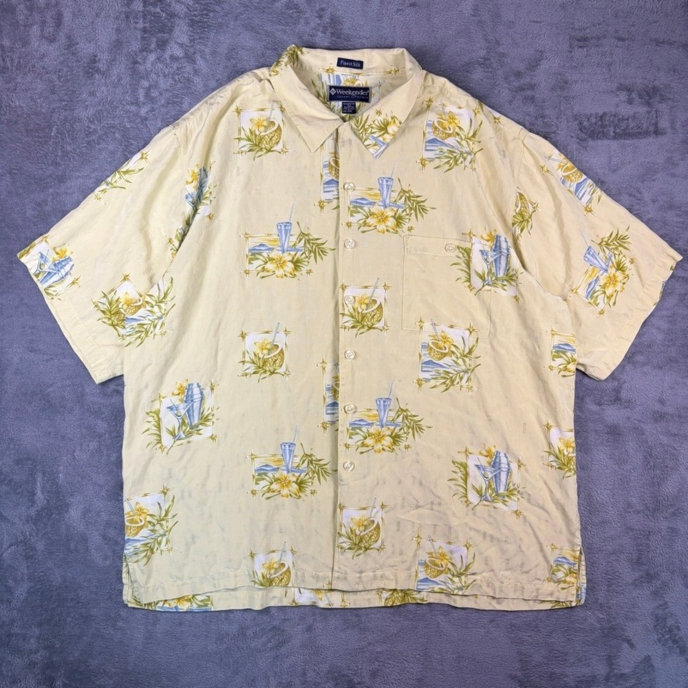 Weekender Silk Blend Button Down Shirt Mens 2XL Yellow Tropical Cocktail Coconut